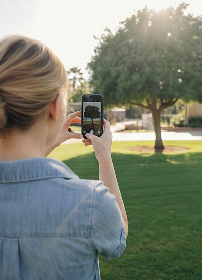 Person taking a photo of a tree for an estimate